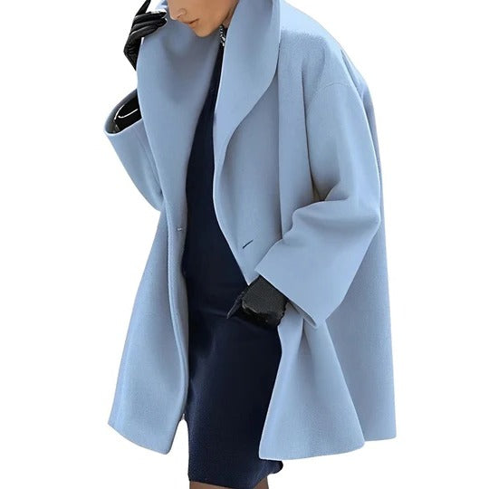 Warm winter wrap coat with belt, A-line silhouette, slanted pockets, and full lining for cold weather