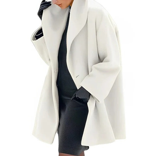 Warm winter wrap coat A-line silhouette with adjustable waist belt and slanted pockets