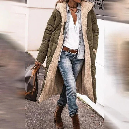 Women's full-length hooded winter coat with faux shearling lining, insulated straight-cut neutral cold-weather outerwear