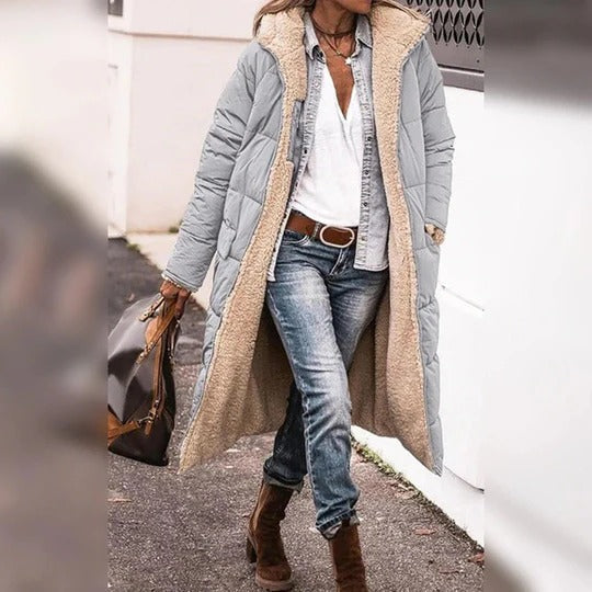 Women's full-length hooded winter coat with faux shearling lining, straight cut, neutral insulated warmth