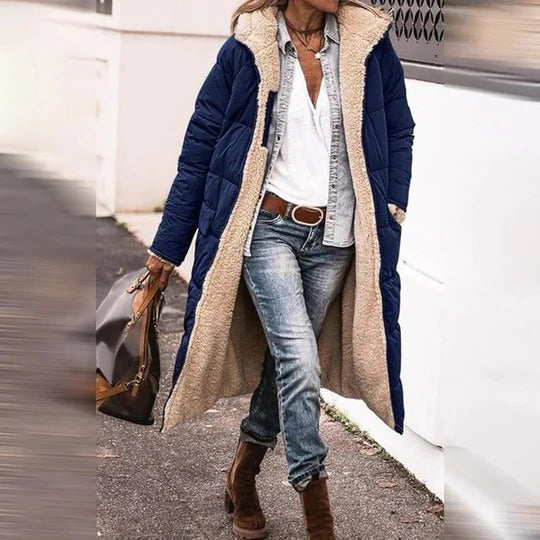 Women's full-length hooded winter coat with faux shearling lining, neutral insulated straight-cut design