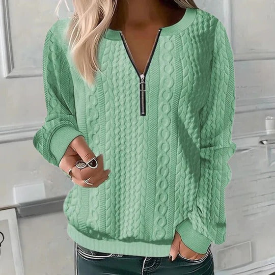 Women's relaxed textured knit pullover sweater in neutral tone, soft casual layering style