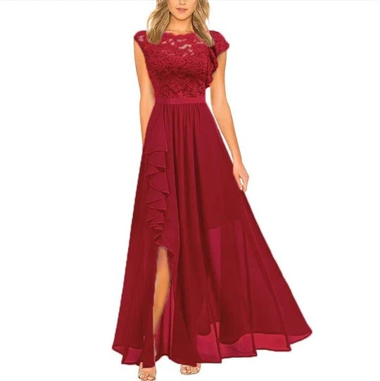 Black elegant women's maxi dress with lace bodice and flowing layered skirt for formal events