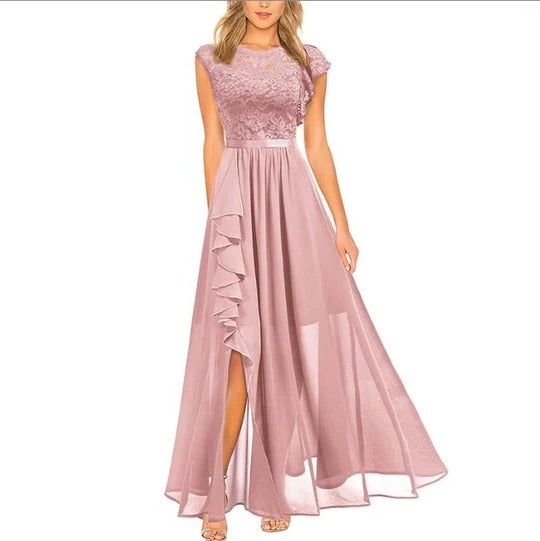 Black elegant women's maxi dress with lace bodice and flowing layered skirt for formal events