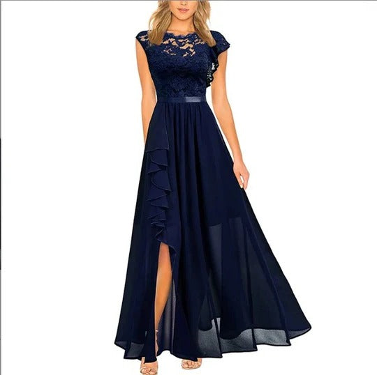 Black elegant women's maxi dress with lace bodice and flowing layered skirt for formal events