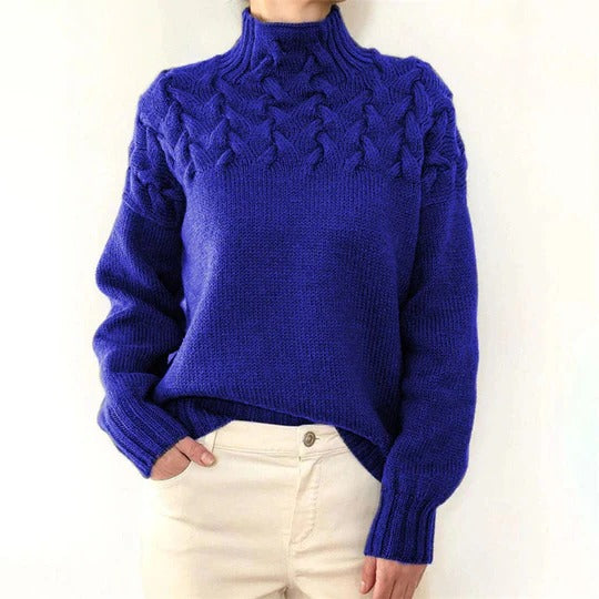 Women's loose knit turtleneck sweater extended length pullover for full upper coverage layering