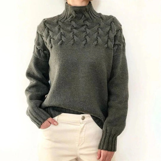 Women's loose knit turtleneck sweater extended length full coverage layering pullover