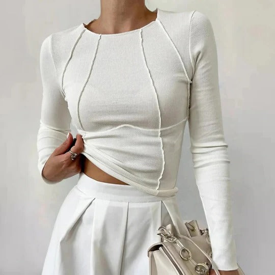 Women's long sleeve straight-fit top with subtle piping seam detail for everyday wear