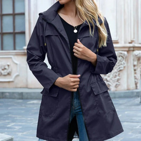 Women's full-length zipper trench coat in army green structured fit for year-round versatile wear