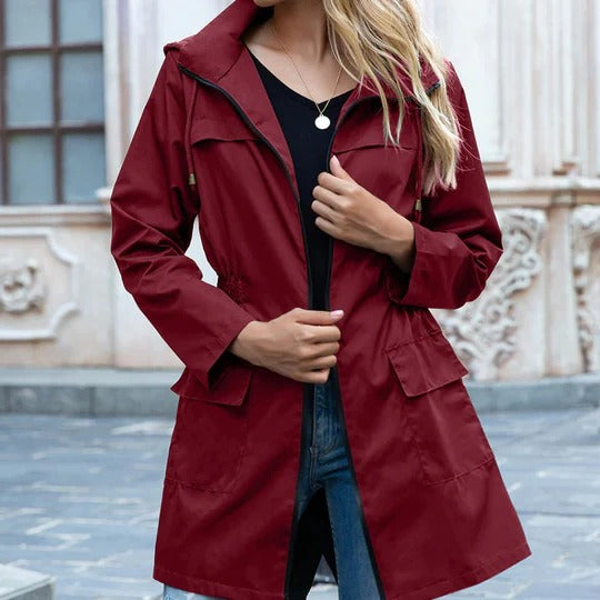 Women's full-length zipper trench coat in army green structured fit for versatile year-round wear