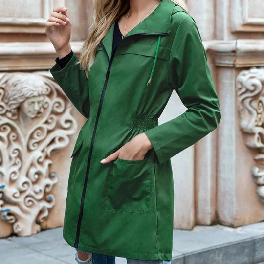 Women's full-length zipper trench coat in army green structured fit for year-round versatile wear