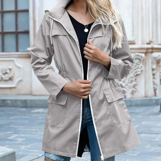 Women's full-length zipper trench coat in army green structured versatile year-round coverage
