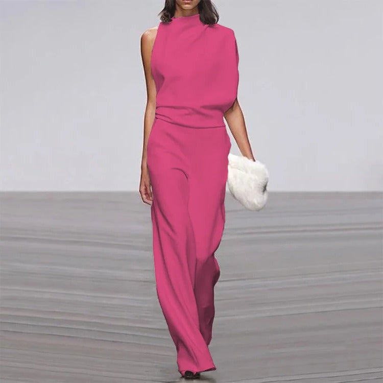 Ivory sleeveless wide-leg jumpsuit with mock neck and asymmetric draped shoulder for formal occasions