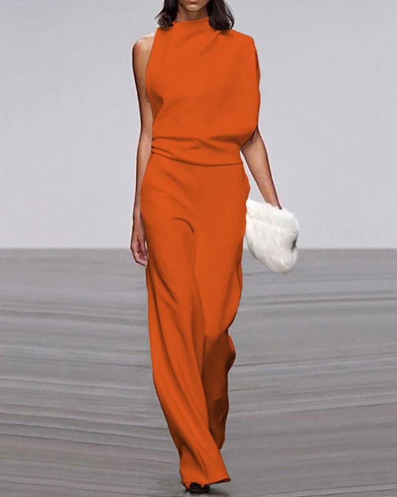 Ivory sleeveless wide leg jumpsuit with mock neck and asymmetric draped shoulder formal wear