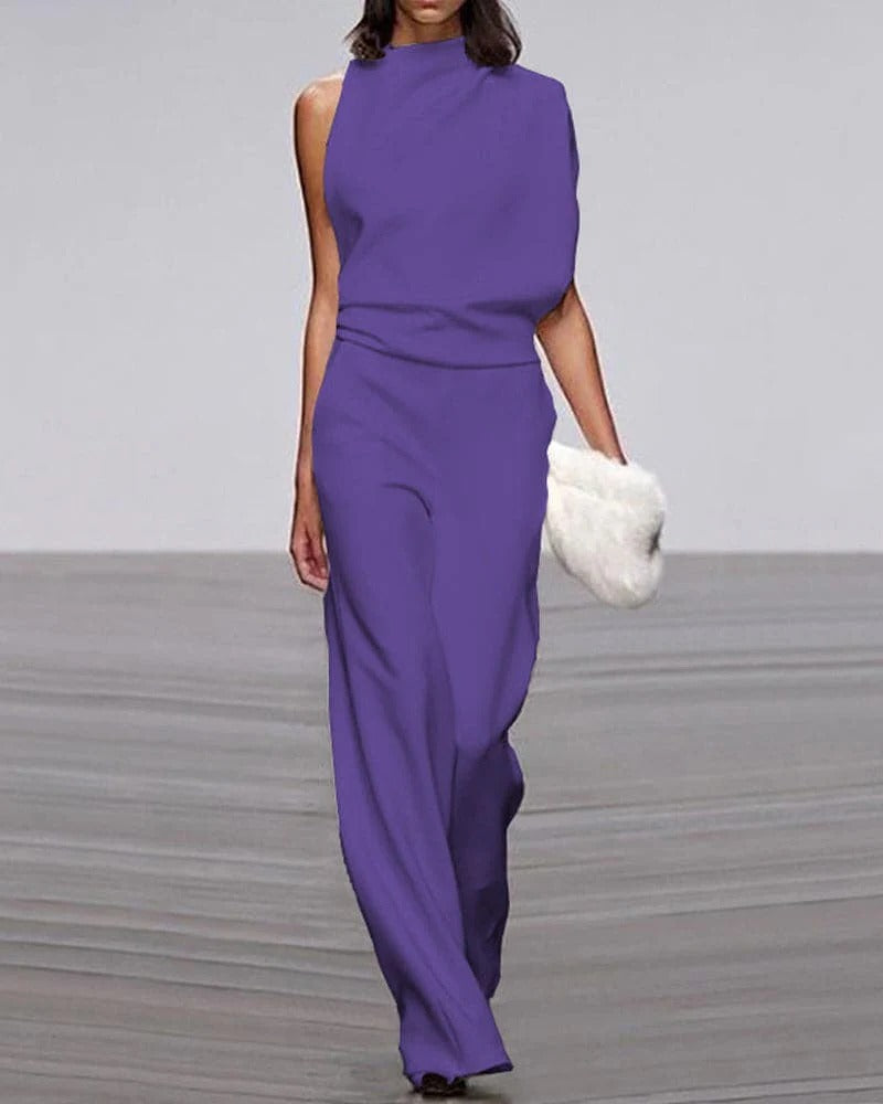Ivory sleeveless wide-leg jumpsuit with mock neck and asymmetric draped shoulder for formal occasions