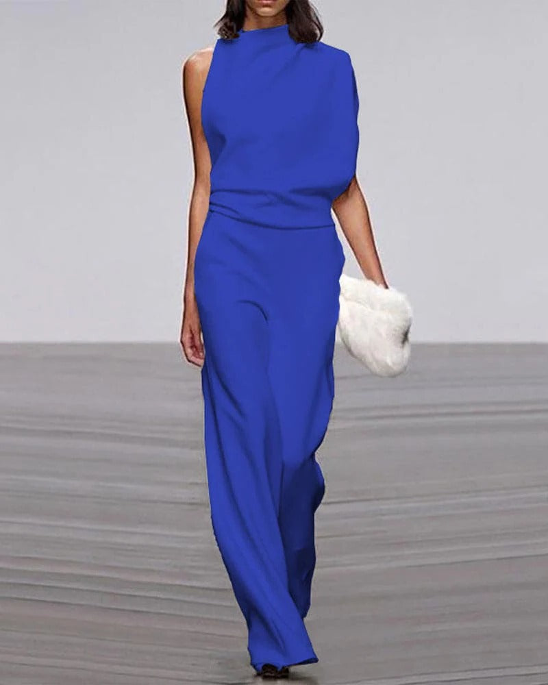Ivory sleeveless wide leg jumpsuit with mock neck and asymmetric draped shoulder formal wear