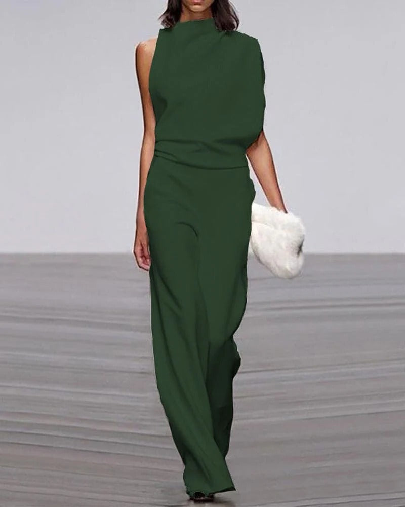 Ivory sleeveless wide leg jumpsuit with mock neck and asymmetric draped shoulder formal style