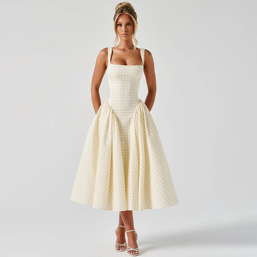 Black and white checkered midi dress with square neckline and princess-cut silhouette