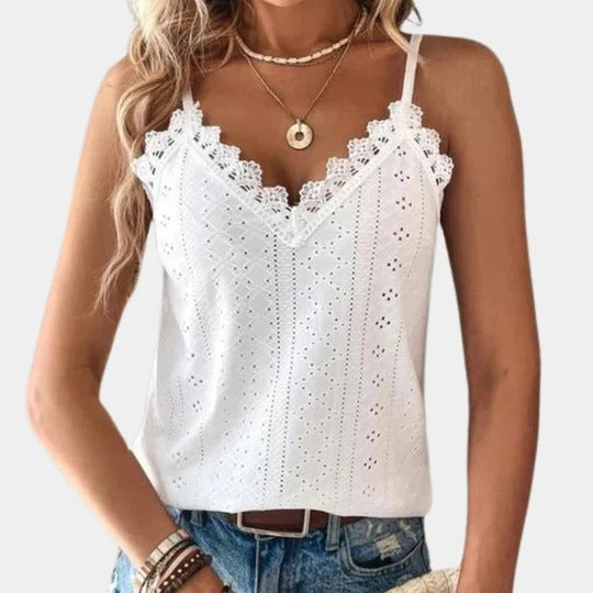Women's white V-neck top with eyelet embroidery and delicate lace patch details