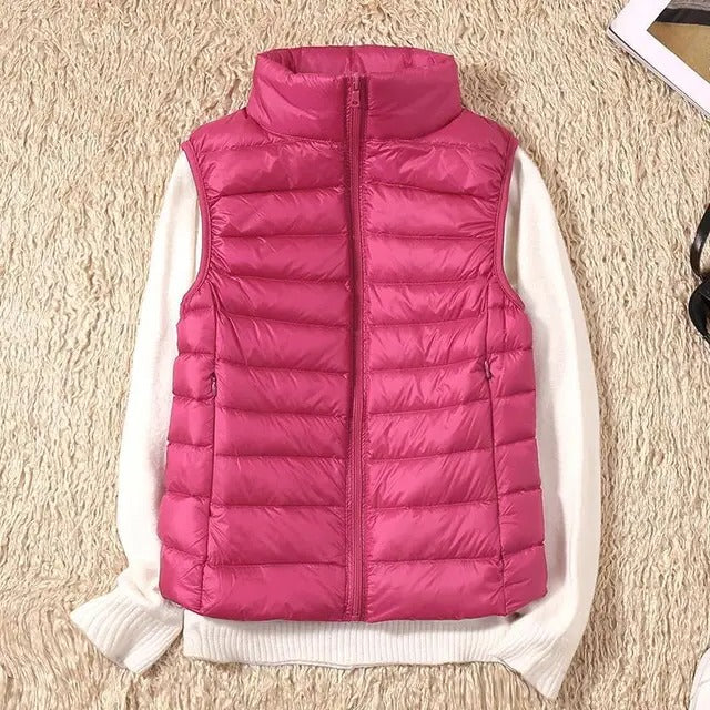 Women's lightweight sleeveless puffer vest, slim fit insulated design for cold weather layering