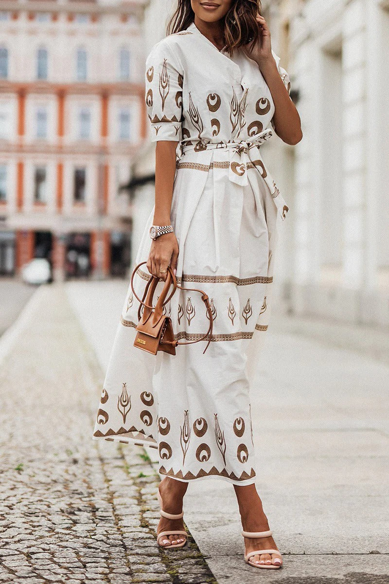Women's boho print belted midi dress in vibrant multicolor with cinched waist tie and flowing A-line skirt