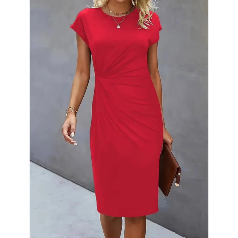 Women's midi dress tailored silhouette knee-length hem elegant professional workwear refined fit