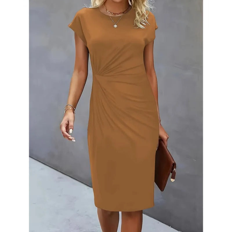 Women's midi dress tailored silhouette below-knee hem elegant professional formal style