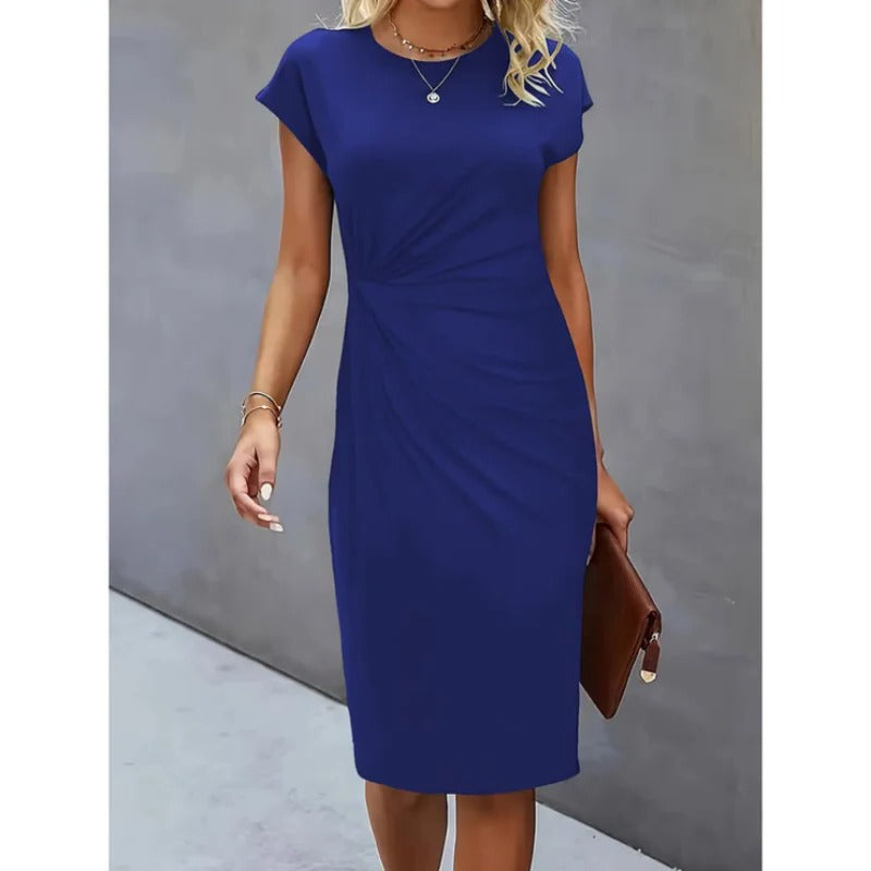 Women's midi dress tailored silhouette professional style sophisticated below-knee hem formal workwear