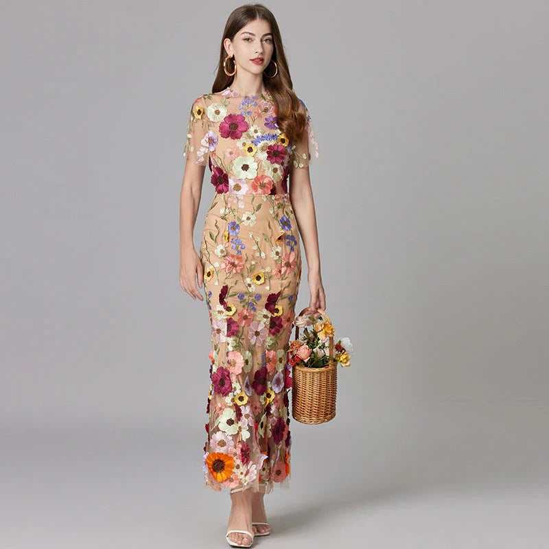 Women's sleeveless embroidered floral dress with flowing silhouette, casual to formal versatile style