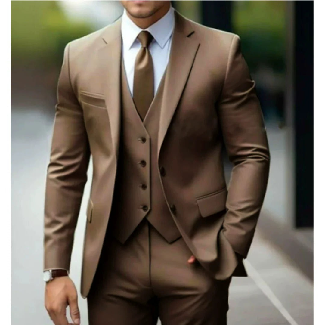 Wavlynn men's charcoal three-piece suit set tailored fit jacket vest trousers formal business wear