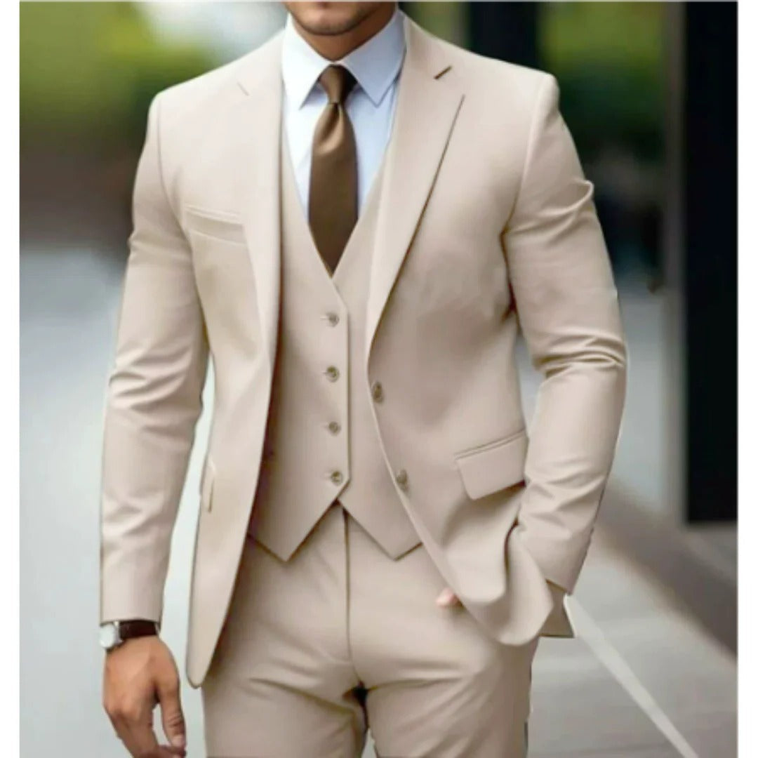 Men's tailored fit three-piece suit set in classic tones, jacket vest trousers formal business wear