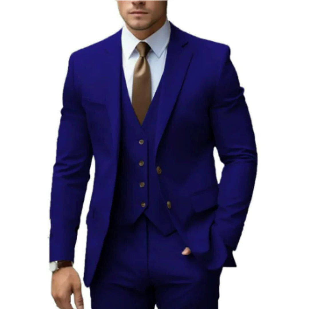 Men's tailored fit three-piece suit set jacket vest trousers formal business wear polished silhouette