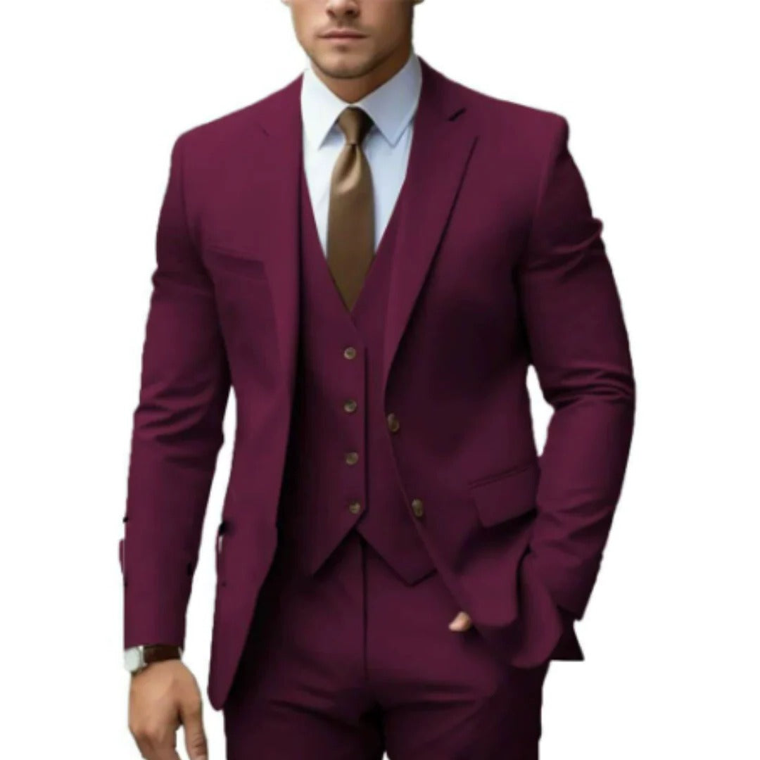 Men's navy tailored fit three-piece suit set with matching jacket, vest, and trousers for formal wear