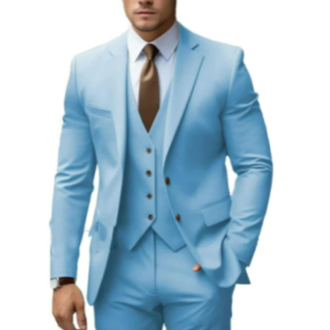 Men's tailored fit three-piece suit set navy jacket vest trousers formal business wear