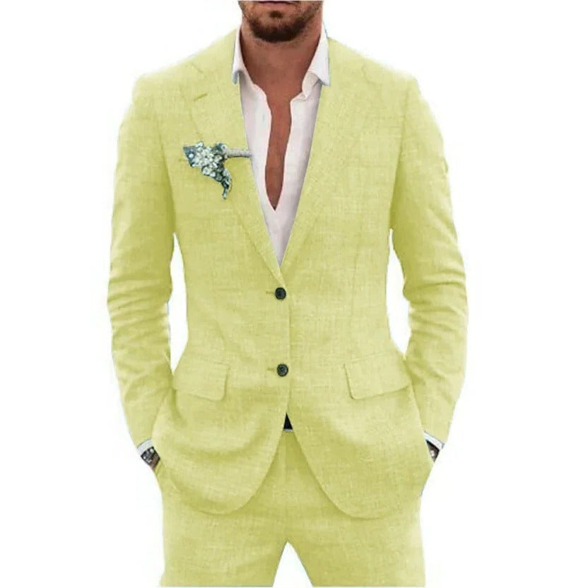 Wavlynn men's light beige two-piece summer suit slim-fit breathable jacket and matching trousers