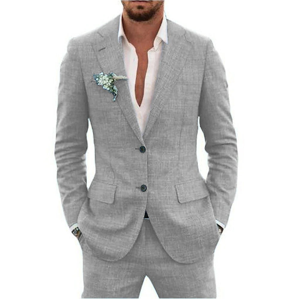 Wavlynn men's light gray two-piece summer suit slim-fit breathable jacket and matching trousers