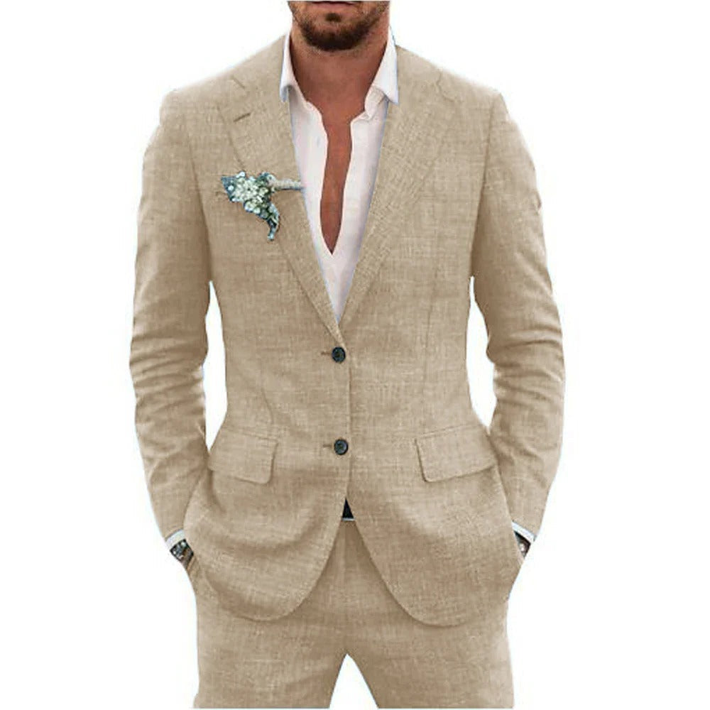 Wavlynn men's light beige two-piece summer suit slim-fit breathable jacket and matching trousers