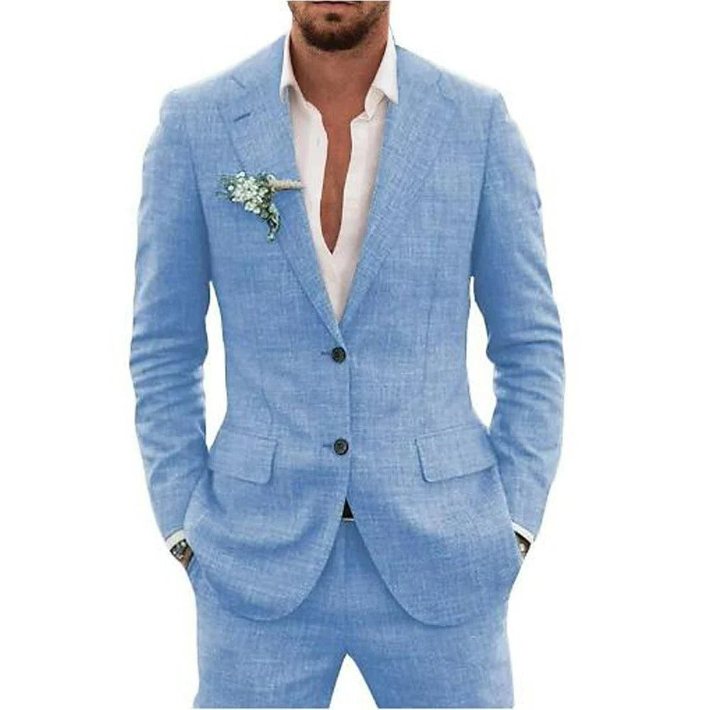 Wavlynn men's light gray two-piece summer suit slim-fit breathable jacket and matching trousers