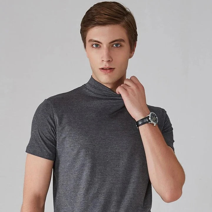 Men's black turtleneck t-shirt regular fit high collar layering essential top