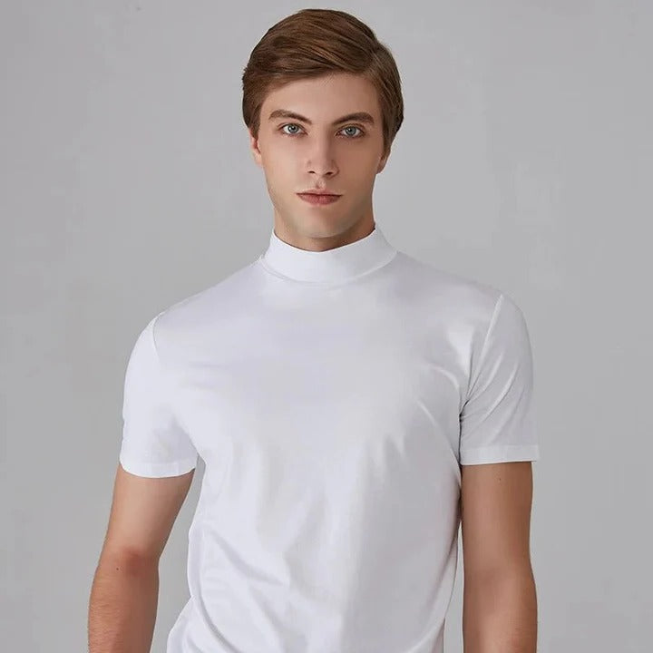 Men's black turtleneck t-shirt regular fit high collar layering essential top sleek design