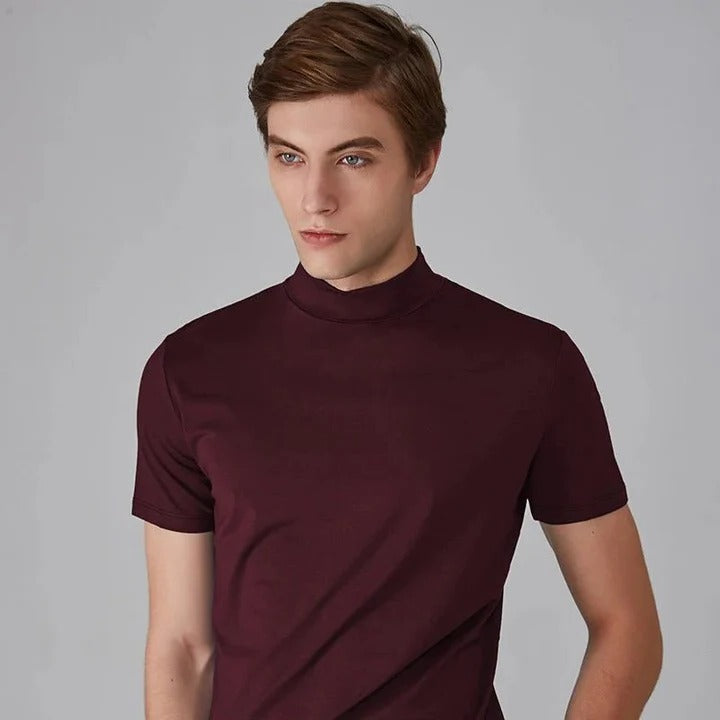 Men's black turtleneck t-shirt regular fit high collar lightweight layering essential top