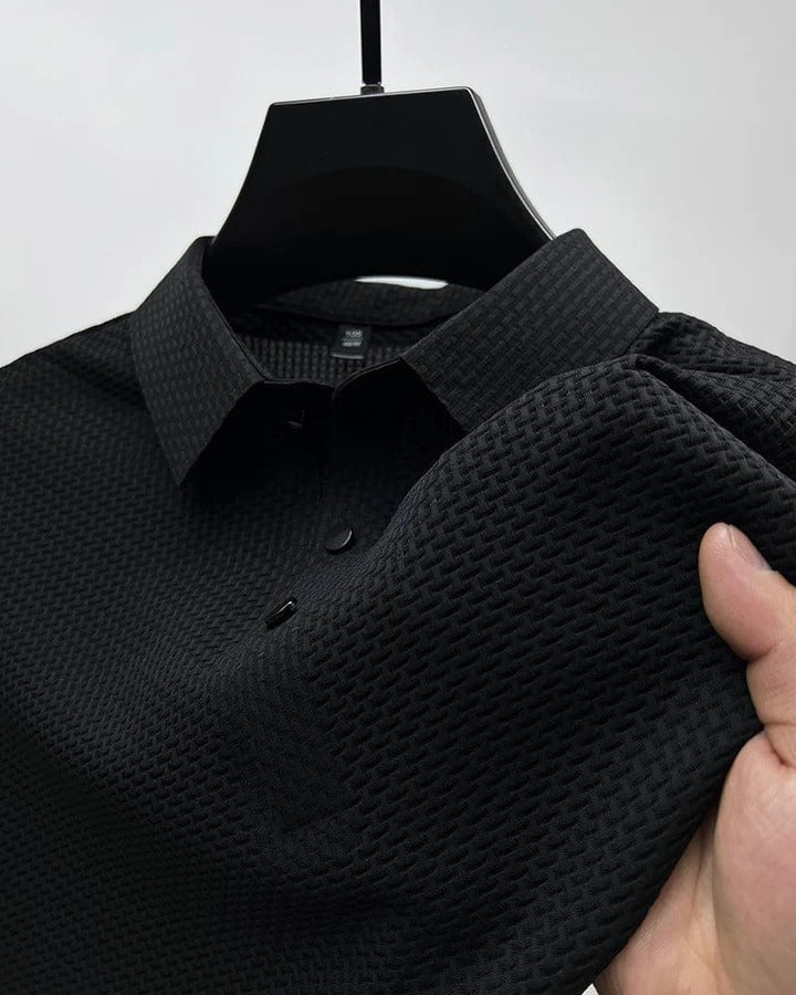 Black short-sleeve mesh t-shirt with breathable perforated panel design and regular fit
