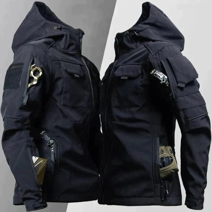 Navy wind-resistant outdoor jacket with high collar, multi-pocket design, and structured silhouette