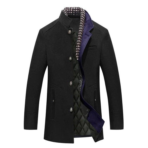 Men's mid-thigh quilted lining coat structured fit urban cold weather outerwear in neutral tone