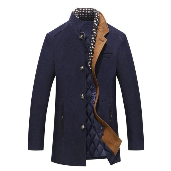 Men's mid-thigh quilted lining coat structured fit urban cold weather outerwear in neutral tone