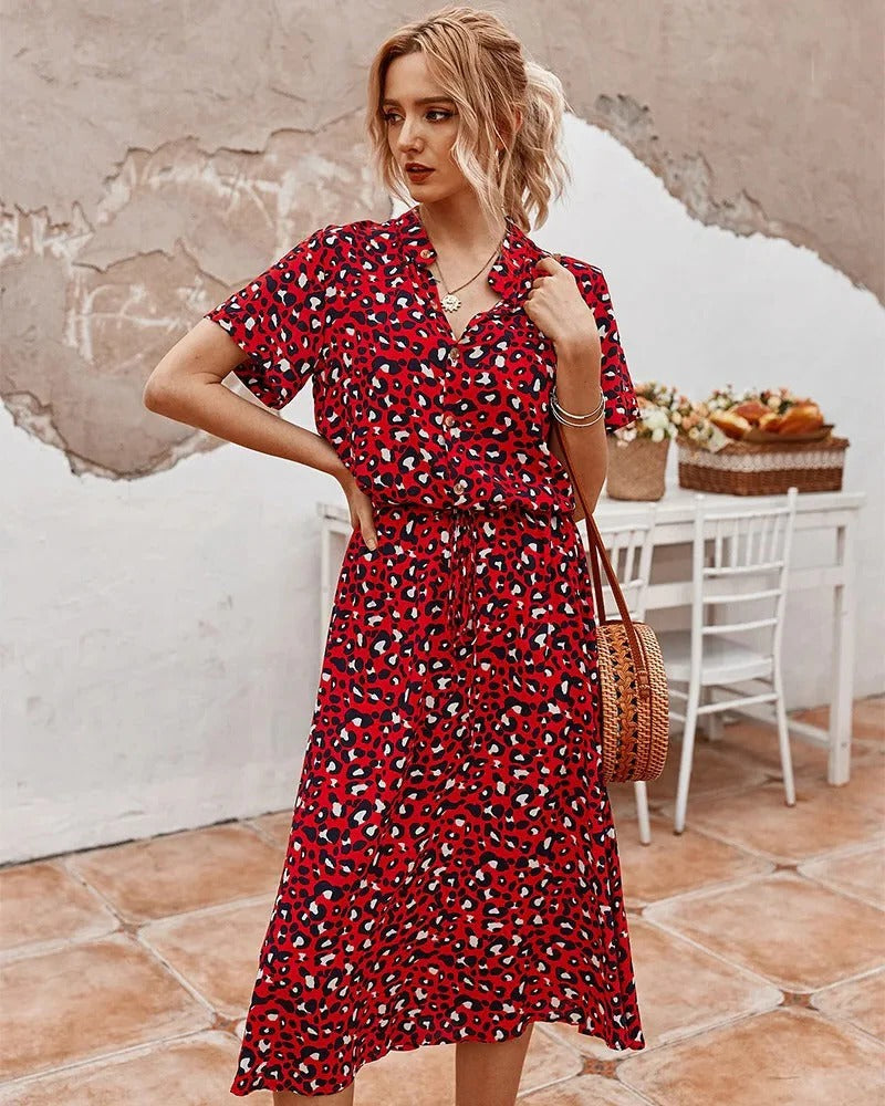 Lightweight midi dress with short sleeves in breathable fabric, casual summer style