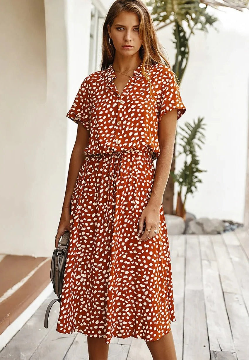 Lightweight midi dress with short sleeves in casual summer style, breathable fabric for all-day comfort