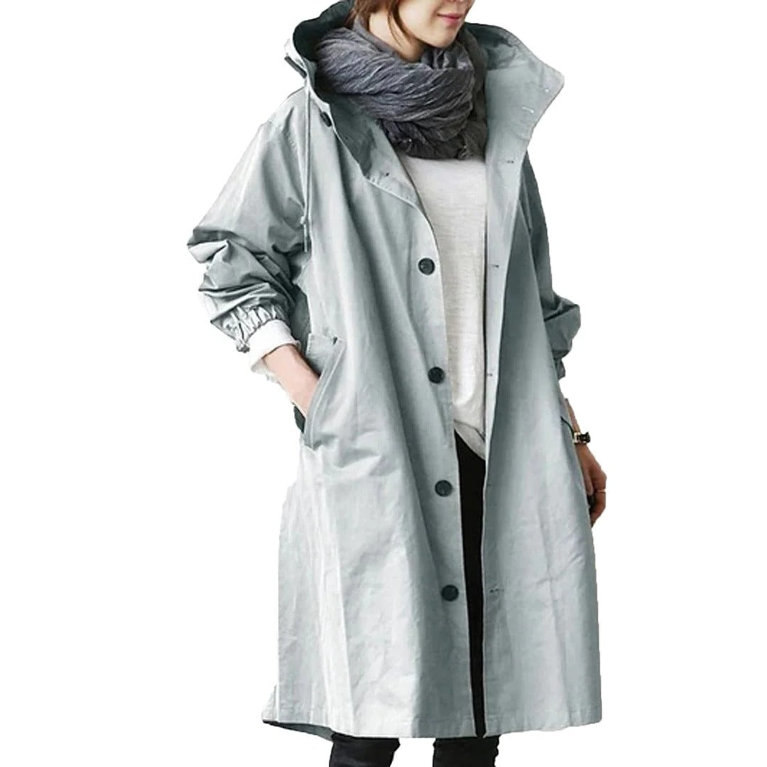 Mid-length waterproof rain jacket with adjustable hood and storage pockets, lightweight weather protection
