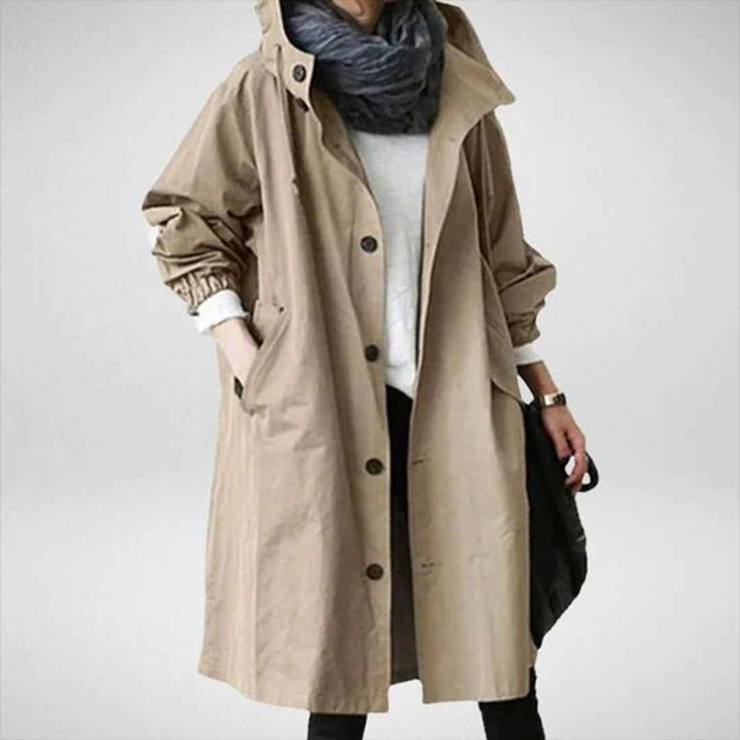 Mid-length waterproof rain jacket with adjustable hood and storage pockets, lightweight weather protection
