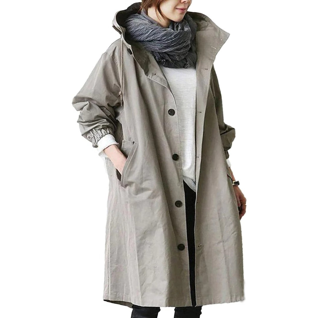Mid-length waterproof rain jacket with adjustable hood and storage pockets, lightweight weather protection
